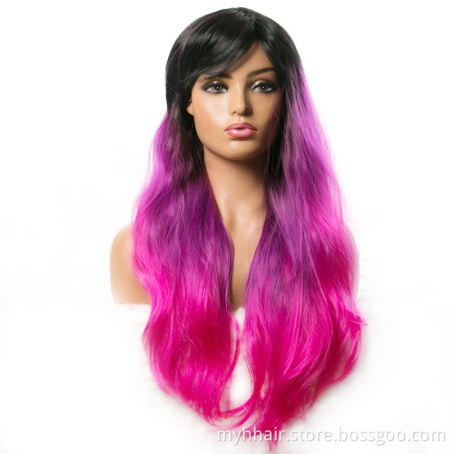 Long Wavy Wigs for Black Women African American Synthetic Hair orange Purple with Bangs Heat Resistant Wig